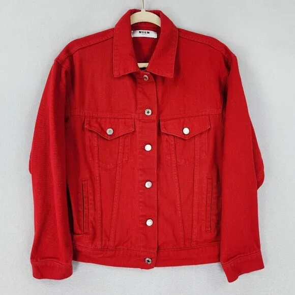 MSGM Jacket Womens Large Red Denim Trucker Milano Cotton Made In Italy Logo